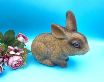 Hucha vintage de conejo marrón flocado de los años 70 - Decoración de Pascua