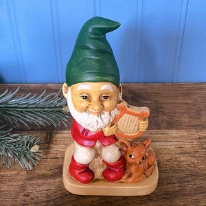 1970s Homco Ceramic Gnome/Christmas Gnome/Gnome With Harp & Deer/Vintage Ceramic Elf