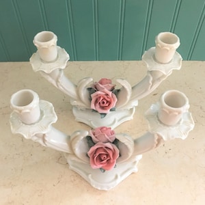Karl Ens Volkstedt White Porcelain Candlesticks with Handmade Porcelain Pink Roses/Pair German Porcelain Candlesticks with Roses/Dual Arm