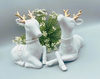 Vintage White K&#39;s Collection Ceramic Deer Pair/White and Gold Ceramic Deer/Deer Figurines
