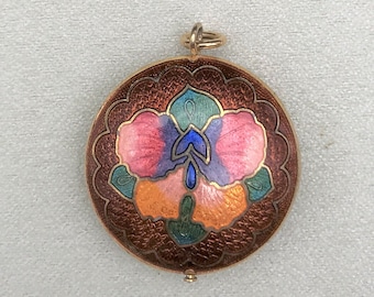 Round Cloisonne Pendant/Cloisonne Pendant with Multicolor Flower/Vintage Cloisonne Pendant/Pendant Only
