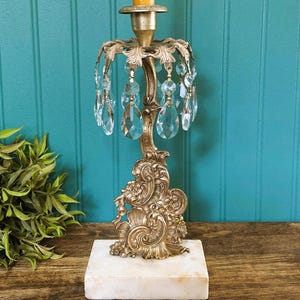 Vintage Cast Brass Floral Candlestick Holder on Marble Base/Floral Pattern Cast Brass Candlebra with Hanging Prisms/Brass Candlestick Holder
