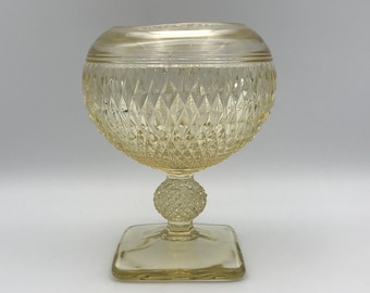 Vintage Yellow Depression Glass Ivy Ball Vase/Golf Ball Pedestal Vase/Yellow Diamond Cut Rose Bud Vase/Yellow Glass Pedestal Vase