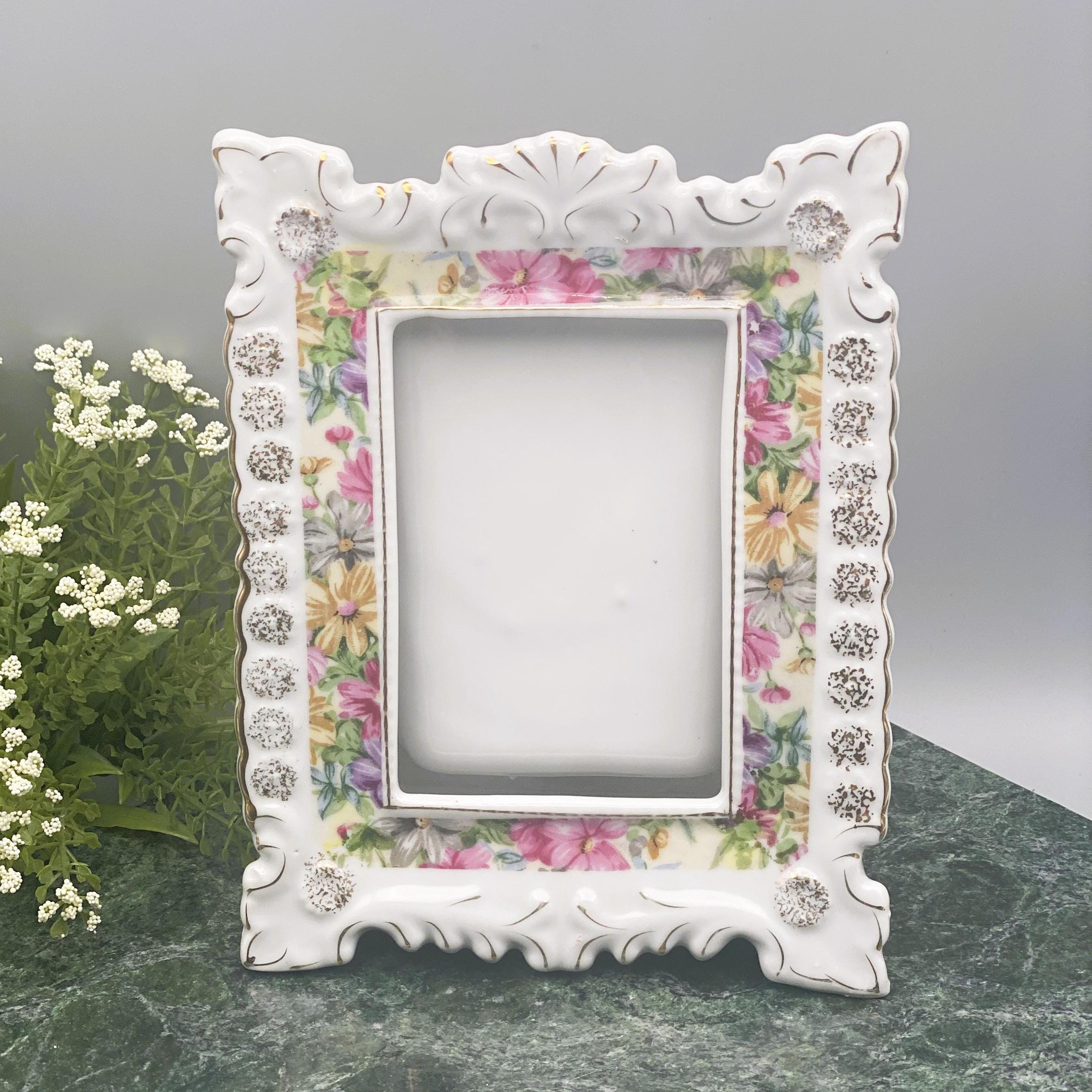1950s Tilso Porcelain Picture Frame/Hand-Painted/Scalloped Edge/Gold Accents/Vintage Tabletop Picture Frame