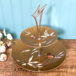Japanese Lacquerware Tier Tray With Hand-painted Bamboo Leaves and Butterfly/Vintage Hors d’oeuvre Tier Tray/Jewelry Tier Tray/Serving Tray