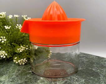 Wyciskarka do soku Vintage Gemco Glass Juicer: pomarańczowa plastikowa nakładka, wyprodukowana w USA
