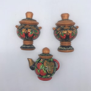 Russian Khokhloma Hand Painted Lacquered Wood Refrigerator Magnets/Russian Folk Art Magnets/Khokhloma Miniature Magnets/Set 3