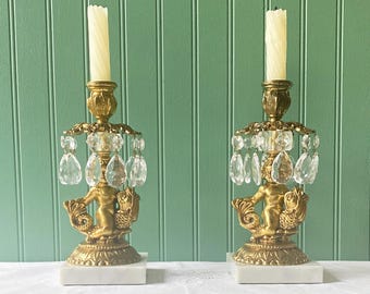 Vintage Pair Gold Cherub Riding On Koi Fish Candlestick Holders With Fauceted Crystals/Gold Cherub On Sea Serpent With Hanging Crystals