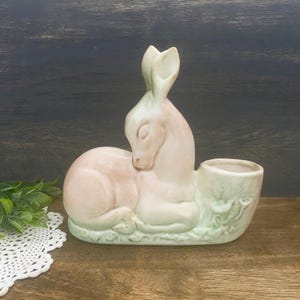 Resting Deer Ceramic Planter: Mid-Century-Sleeping Doe-Pale Pink & Green