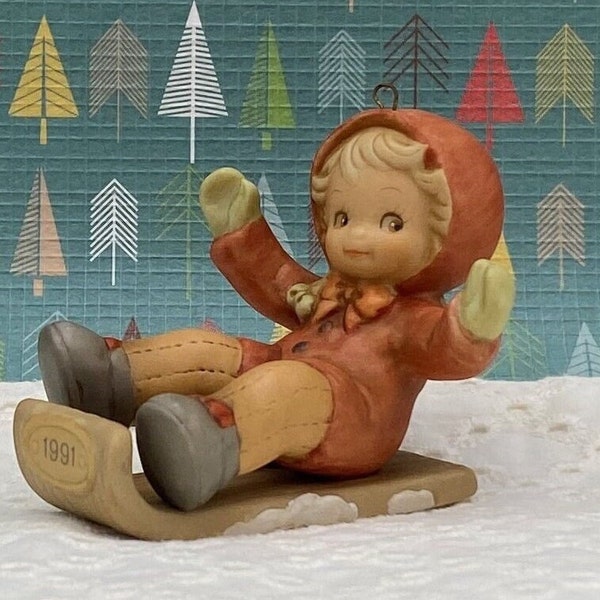 Vintage Lucie Attwell 1991 Enesco Corporation / Erinnerungen an gestern / S'no Use look back Now / Weihnachtsfigur Ornament