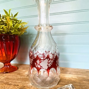 Vintage Ruby Red Multi-Floral & Clear Glass Decanter/Ruby Red and Clear Glass Beverage Decanter/Ruby Red and Clear Glass Alcohol Decanter