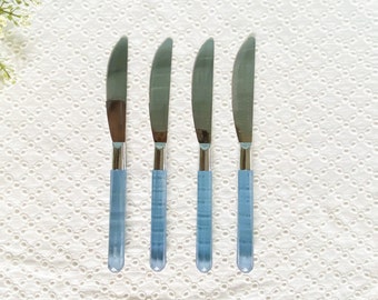 Vintage Blue Lucite Handle Serrated Knives/Set 4/MCM Blue Lucite Knives/Plastic Handle Flatware