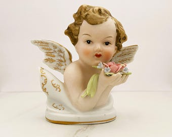 Lefton Cherub Angel Figurine: Bisque Porcelain Japan KW1415