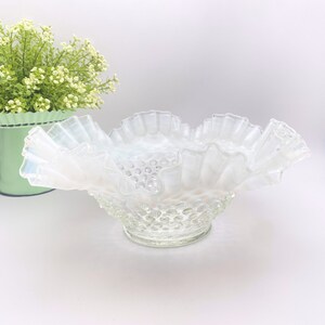 Vintage Fenton Hobnail French Opalescent Double Crimp Bowl/10 Inch Bowl/White Hobnail Ruffle Edge Bowl/Clear and Milk Glass Bowl