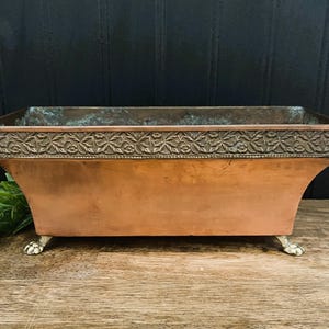 Copper Rectangular Jardiniere: Applied Floral-Ornate Band-Planter