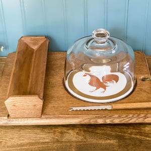 Vintage Mid Century Cheese & Cracker Board/With Ceramic Rooster Plate and Glass Dome/Horderves Server/Hors d’Oeuvres Server