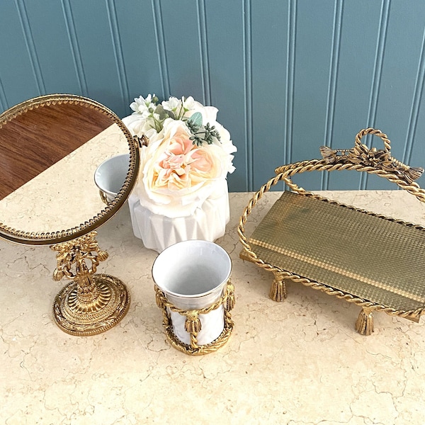 Vintage Stylebuilt Tassel Vanity Set/Stylebuilt Pedestal Mirror/Stylebuilt Porcelain Cup and Holder/Stylebuilt Towel-Perfume-Makeup Tray