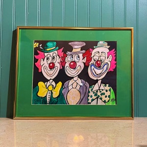 Vintage Original Acrylic Painting Clowns/Artist Signed/One of A Kind/Colorful Clown Trio Painting/Framed Clown Painting On Hardboard