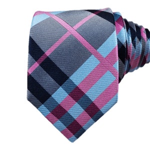100% High Quality Silk Pink and Electric Blue Plaid  Slim Modern Tie