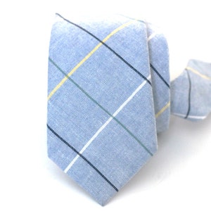 100% High Quality Cotton Light Blue Plaid  Tie