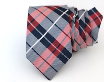 100% High Quality Silk Red and Navy Plaid  Slim Modern Tie