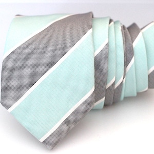 100% High Quality Silk Mint Green and Gray Striped  Slim Modern Tie