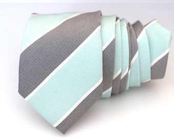 Silk Striped Tie: Mint Green and Gray Slim Necktie