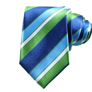 100% High Quality Silk Deep Blue and Green Striped  Slim Modern Tie