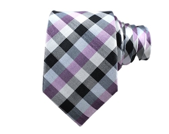 Silk Tartan Tie - Purple, Gray & Black Plaid, Slim Modern Style