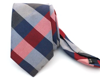 100% High Quality Silk Red, Gray and Navy Tartan  Slim Modern Tie