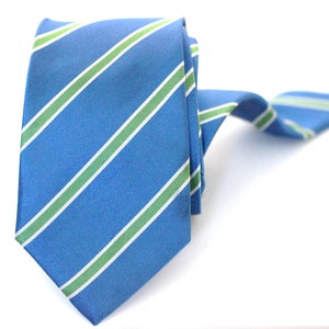 100% High Quality Silk Blue and Aqua Green Striped  Slim Modern Tie