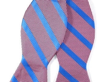 100% High Quality Silk Blue and Pink Striped  Self-Tie Bow Tie with Optional Matching Pocket Square