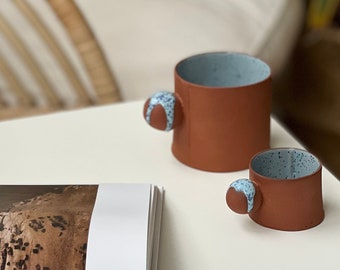 2 oz / 8 oz  Terracotta espresso cup, Stoneware blue speckled glaze coffee tumbler, Modern rustic small coffee cup
