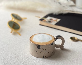 5 oz ceramic coffee cup, small cappuccino cup, Coffee lover gift, Housewarming coffee cup, white stoneware ceramic mug, black splashed mug