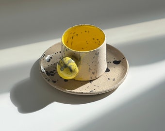 Yellow ball handle espresso cup and saucer, Ceramic mug set, Handmade pottery, Italy espresso cup