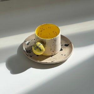 Yellow ball handle espresso cup and saucer, Ceramic mug set, Handmade pottery, Italy espresso cup