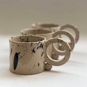 8 oz / 12 oz / 14 oz large black speckled coffee mug, Stoneware beige tea or coffee mug,  Scandinavian style minimalist coffee cup