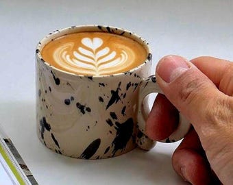 Handmade 5oz Flat White Cup and Saucer – Speckled Stoneware Coffee Cup