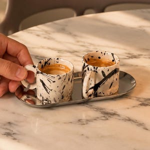 Handmade 2 oz Espresso Cup Set with Tray, Black textured mug, minimal pottery mug