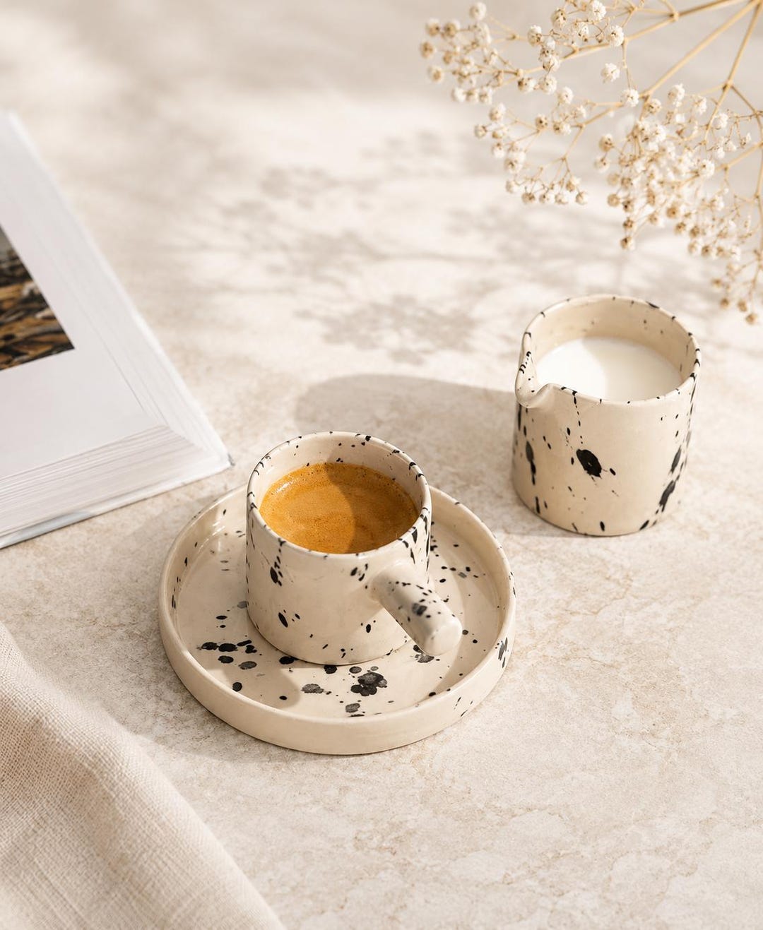 Handmade Stoneware Espresso Cup Set: 2oz Cup, Saucer & Milk Jug