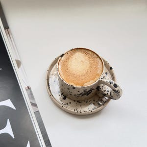 Beige espresso mug, Espresso Cup & Saucer Set, handcrafted mug, black splash coffee cup, espresso lover gift, stoneware clay cup