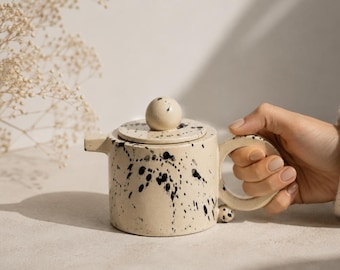 Handmade Stoneware Teapot: Beige & Black Splatter, Modern Ceramic (16 oz)