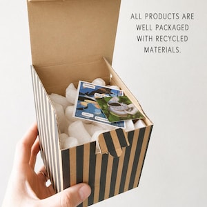May include: A striped cardboard box with black and tan vertical stripes, open to reveal white packing peanuts and small cards. The box is held by a hand. Text on the box reads: ALL PRODUCTS ARE WELL PACKAGED WITH RECYCLED MATERIALS.