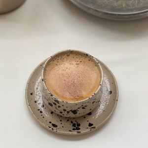 3 oz Espresso cup with saucer, Handleless coffee mug, Stoneware ceramic mug, Black splash espresso mug, espresso tumbler, handmade gift idea
