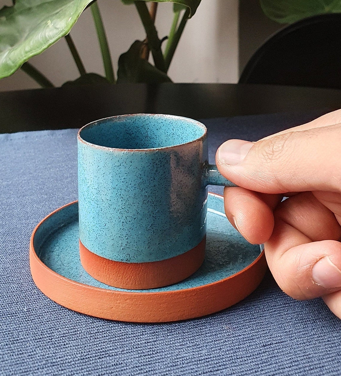 Turquoise ceramic coffee cup and saucer Espresso cup Etsy