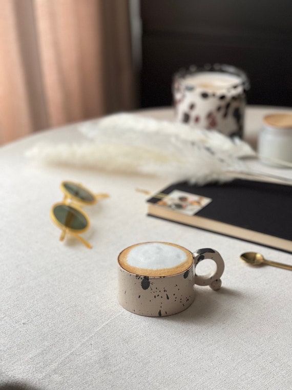 Handmade Stoneware Cappuccino Cup: Black Splashed Ceramic Coffee Lover Gift