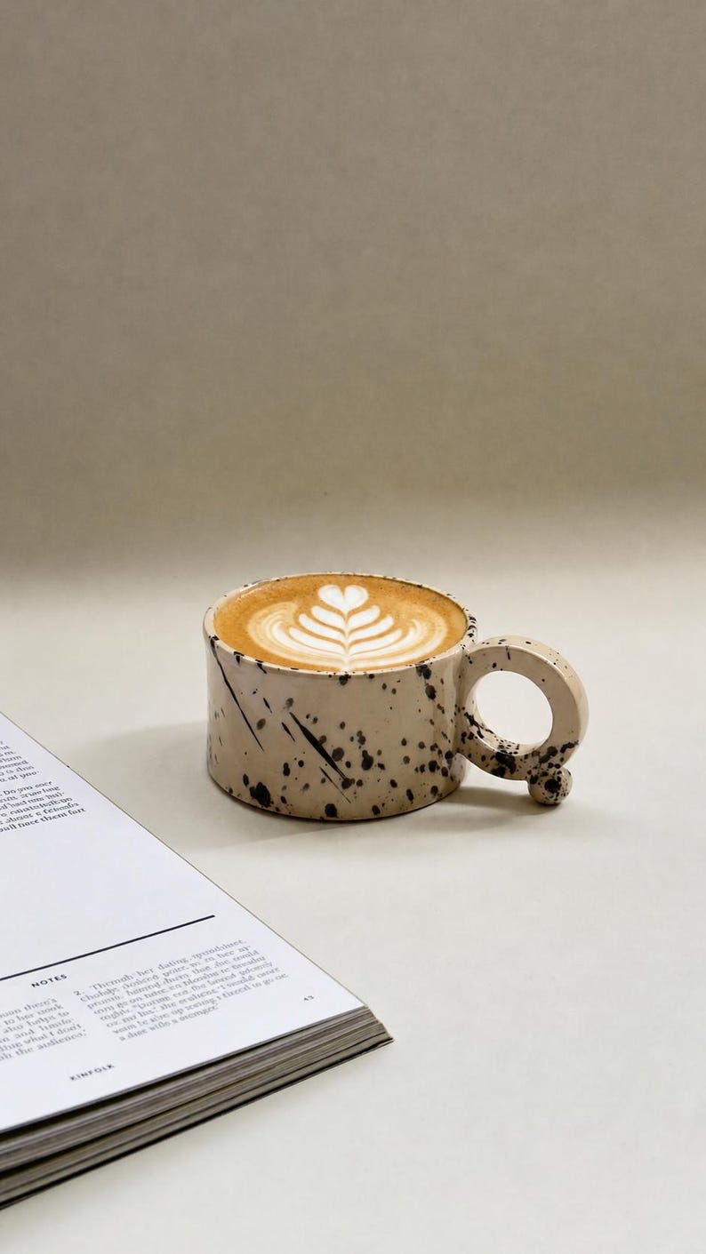 May include: A ceramic coffee mug with a speckled design, filled with a latte featuring a heart-shaped foam design. The mug has a unique handle and sits next to an open magazine.