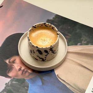 2oz Espresso Cup with Saucer: Black Splatter Ceramic Coffee Mug