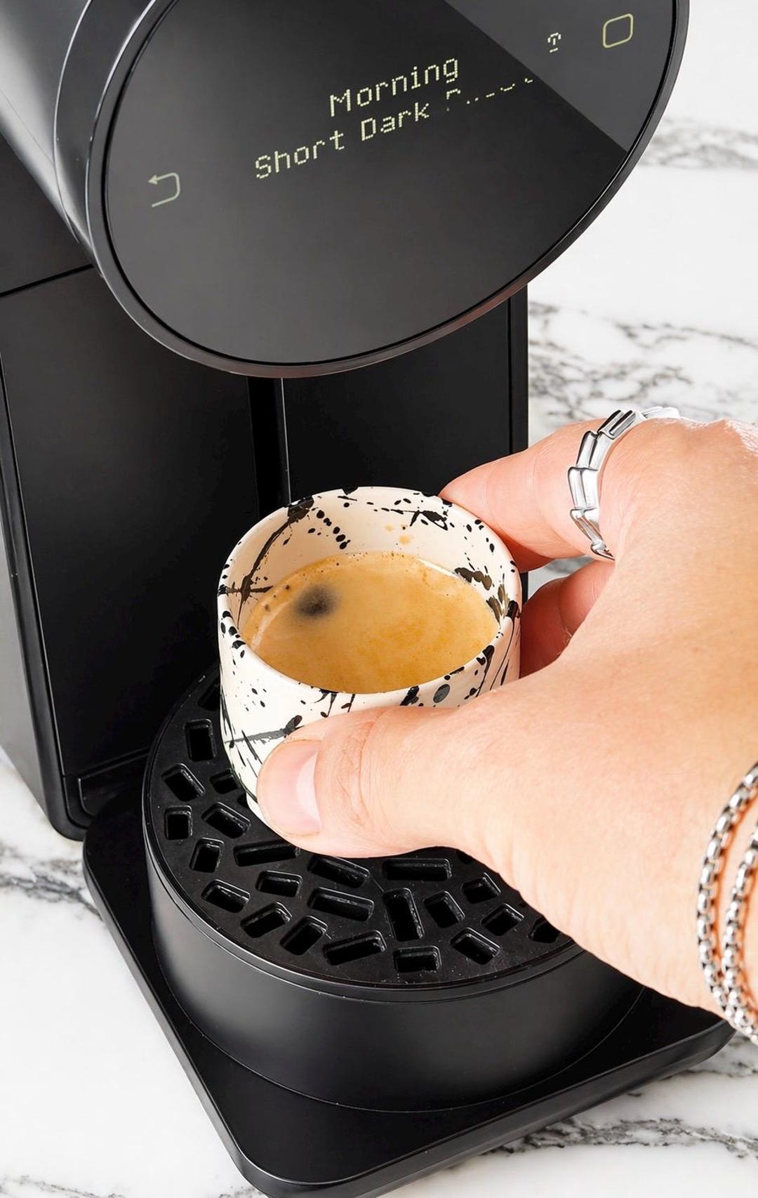 Handmade Espresso Cup: Handleless Stoneware Ceramic Coffee Mug with Black Splatter Finish - 3 Fluid ounces