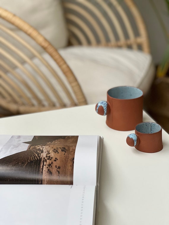 2 Oz / 8 Oz Terracotta Espresso Cup, Stoneware Blue Speckled Glaze